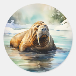 Watercolor Walrus Arctic Classic Round Sticker