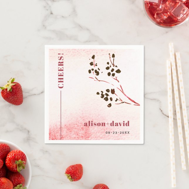 Watercolor wash and branch Japandi CHEERS wedding Napkin (Insitu)