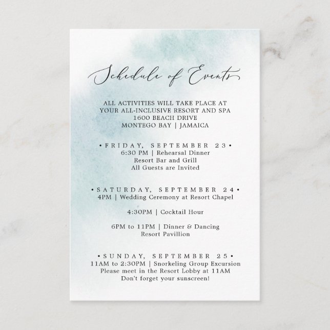 Watercolor Wash | Blue Weekend Schedule of Events Enclosure Card (Front)