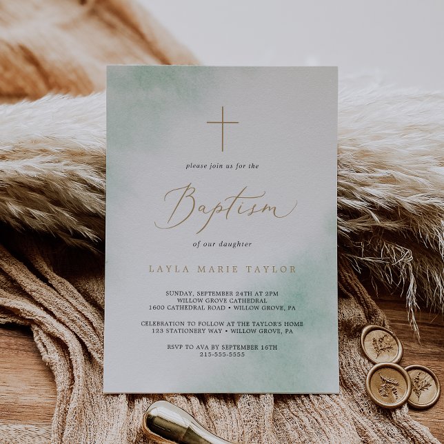 Watercolor Wash | Green and Gold Baptism Invitation (Creator Uploaded)