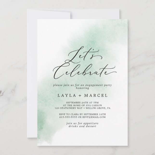 Watercolor Wash | Green Let's Celebrate Invitation (Front)