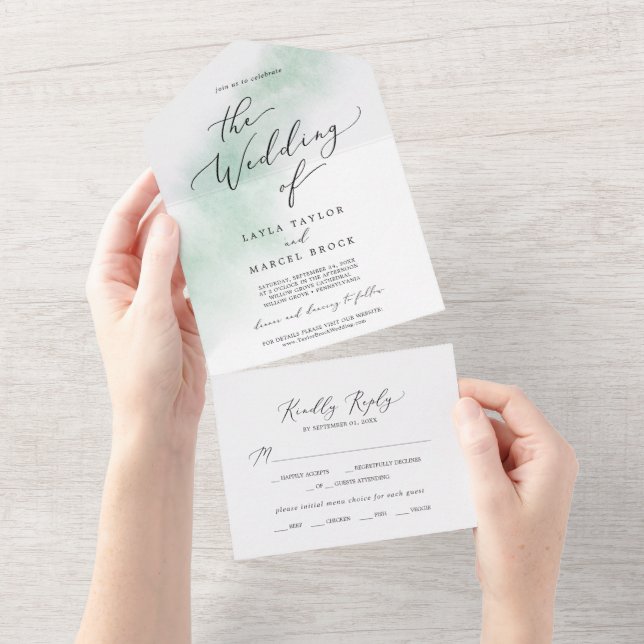 Watercolor Wash | Green Wedding All In One Invitation (Tearaway)