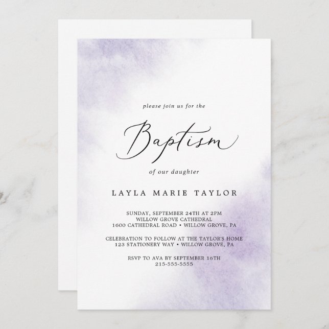 Watercolor Wash | Purple Baptism Invitation (Front/Back)