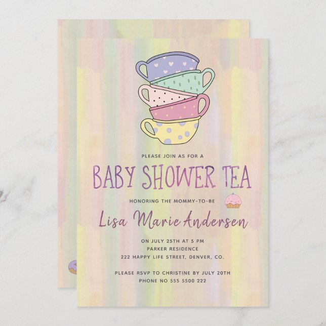 Watercolor washed multicolor cups baby shower tea invitation (Front/Back)