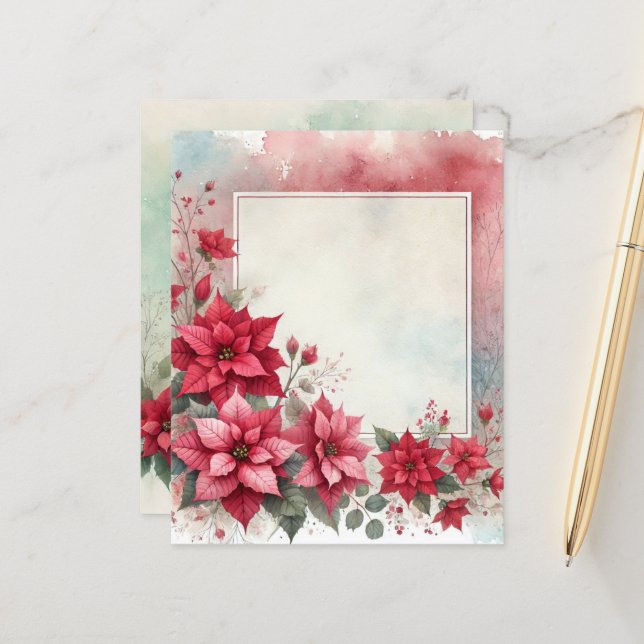 Watercolor Washed Poinsettia Frame Scrapbook Paper (Front/Back In Situ)