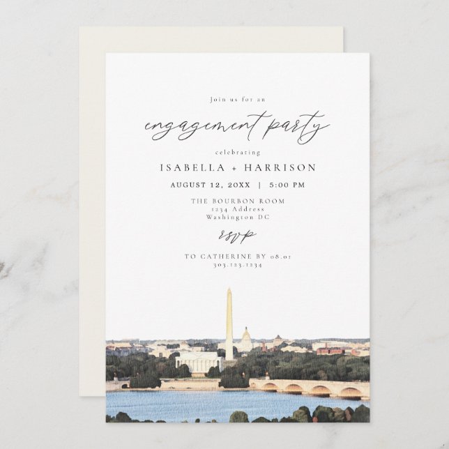 Watercolor Washington DC Monument Engagement Party Invitation (Front/Back)