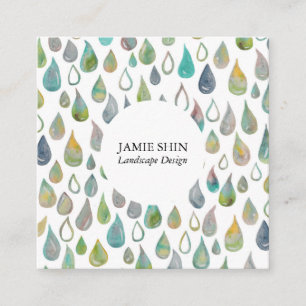 Watercolor Water Drops Landscaper Gardener Modern Square Business Card