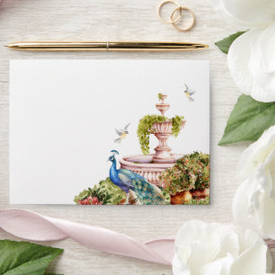 Watercolor water fountain peacock garden envelope