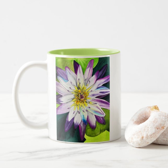 Watercolor water lilies fine art Two-Tone coffee mug (With Donut)