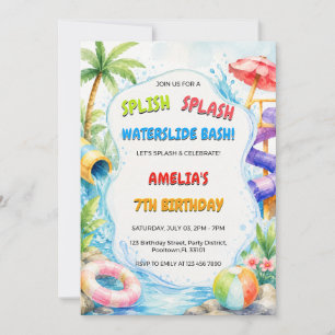 Watercolor Water Slide Bash Party Birthday Invitation