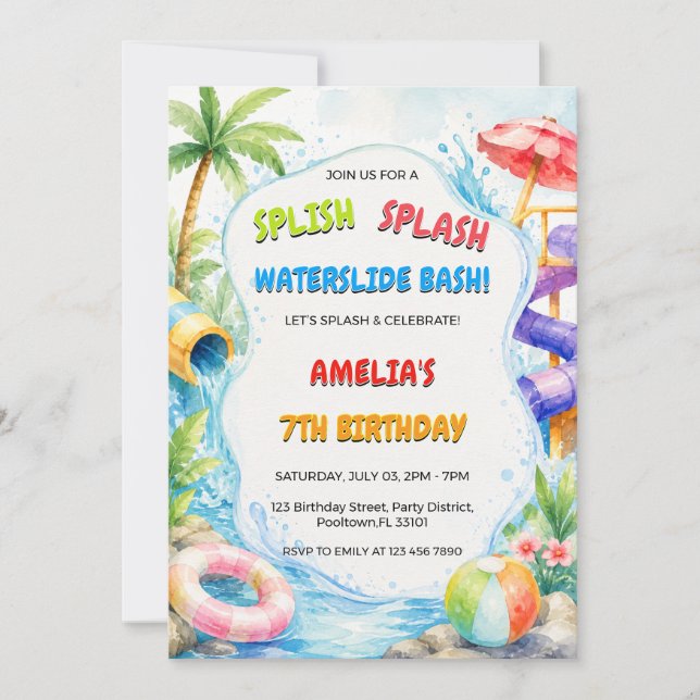Watercolor Water Slide Bash Party Birthday Invitation (Front)