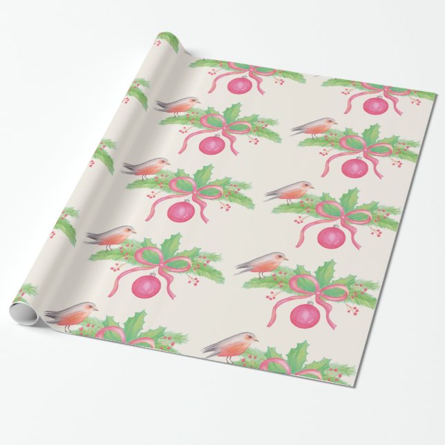 Watercolor Watercolor Christmas Bouquet Wrapping Paper (Unrolled)