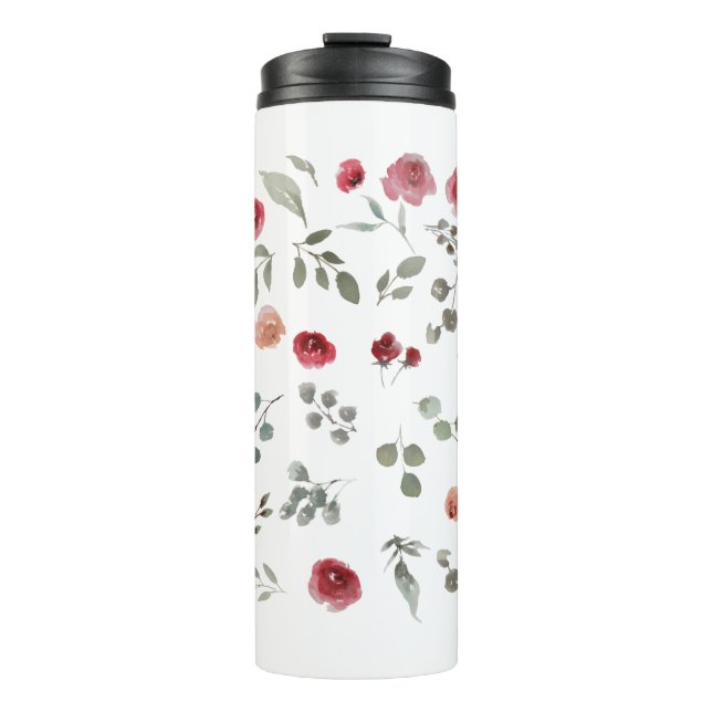 Watercolor Watercolor Roses Green Leaves Leaves Thermal Tumbler (Front)