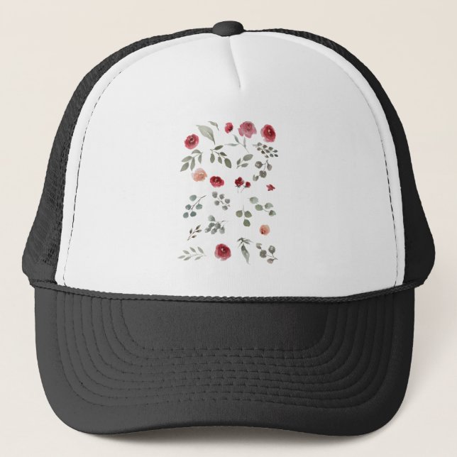 Watercolor Watercolor Roses Green Leaves Leaves Trucker Hat (Front)