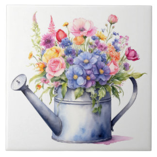 Watercolor Watering Can with Garden Flowers Tile