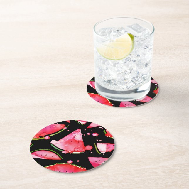 Watercolor Watermelon 2 Round Paper Coaster (Insitu)