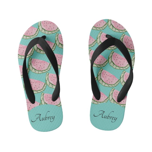 Watercolor Watermelon Doodles Painted Pattern Name Kid's Jandals (Footbed)