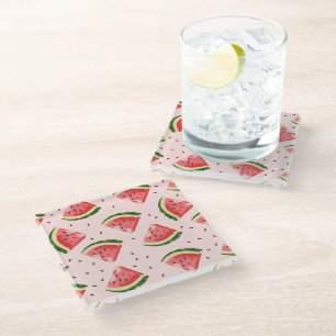 Watercolor Watermelon Fruit Pattern Glass Coaster