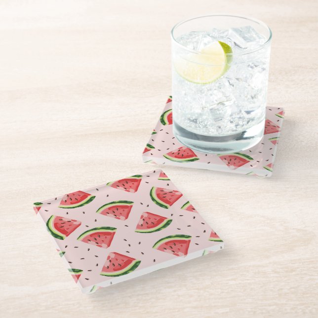 Watercolor Watermelon Fruit Pattern Glass Coaster (Angled)