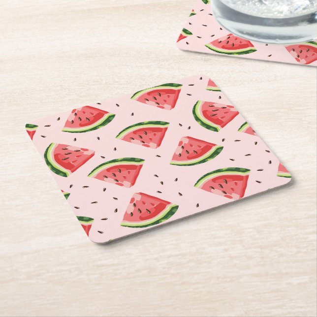 Watercolor Watermelon Fruit Pattern Square Paper Coaster (Angled)