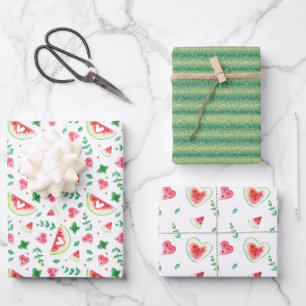 Watercolor Watermelon Hearts & Greenery Wrapping Paper Sheet