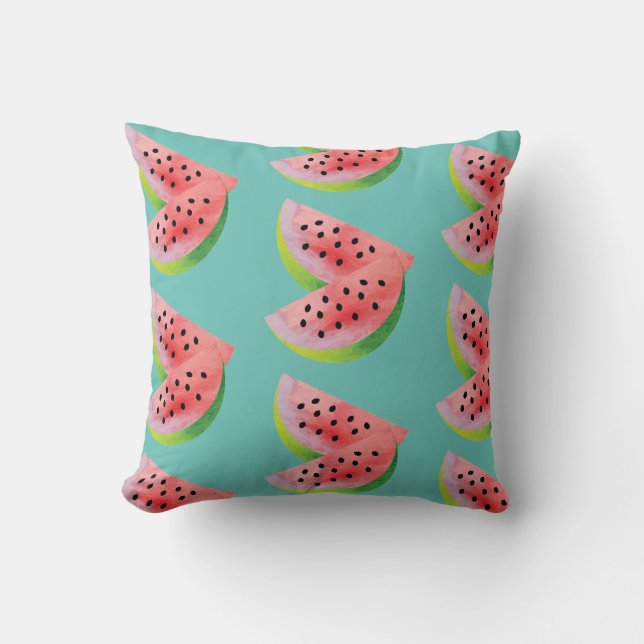 Watercolor Watermelon Pair Summer Teal Cushion (Front)