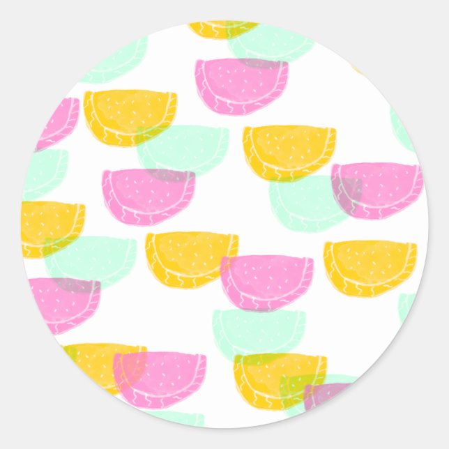 Watercolor Watermelon Pink Green Yellow Pattern  Classic Round Sticker (Front)