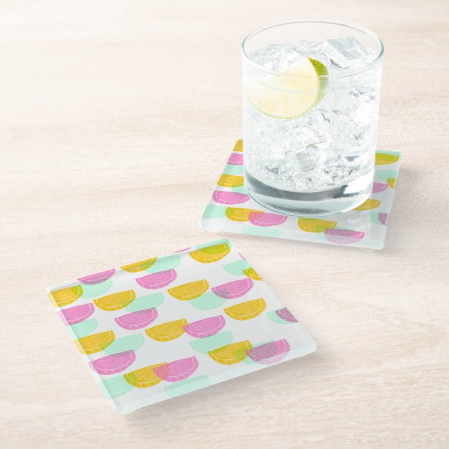 Watercolor Watermelon Pink Green Yellow Pattern  Glass Coaster (Angled)