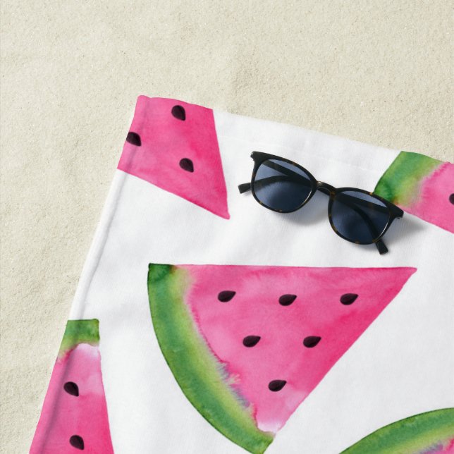 Watercolor Watermelon Wedge Pattern Beach Towel (In Situ)