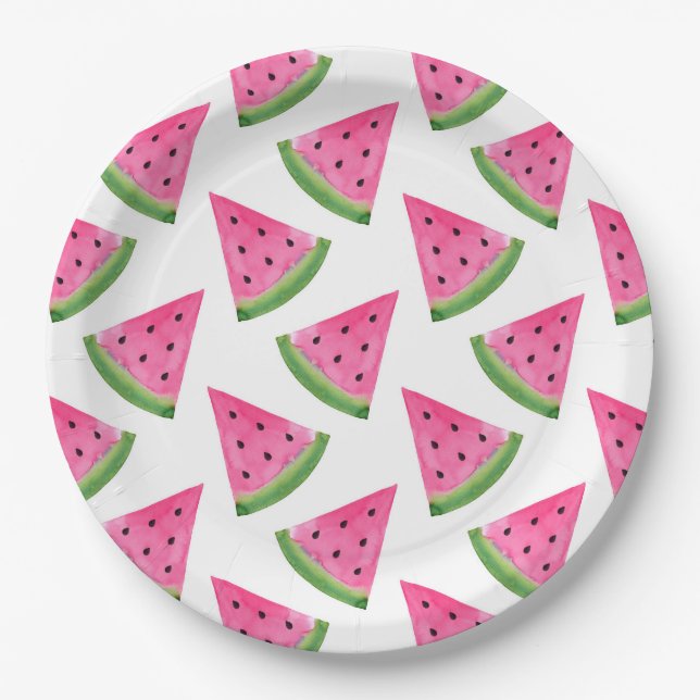 Watercolor Watermelon Wedge Pattern Paper Plate (Front)