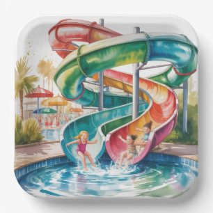 Watercolor Waterslide Kids Birthday Party Paper Plate