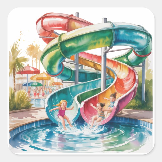 Watercolor Waterslide Kids Birthday Party Square Sticker (Front)