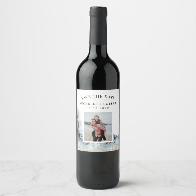 watercolor waves coastal save the date photo  wine label (Front)