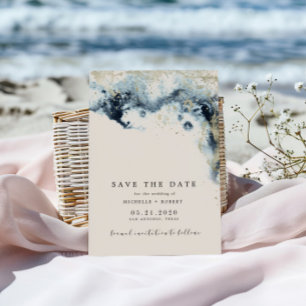 Watercolor Waves Minimalistic Photo Save The Date  Invitation