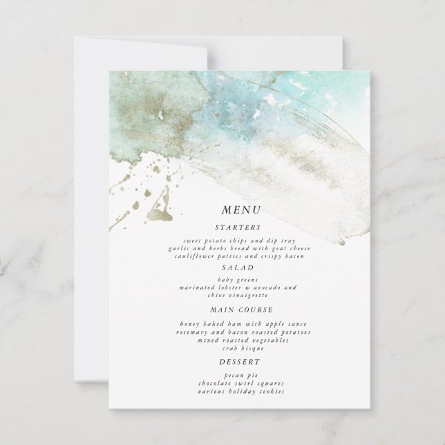Watercolor Waves Pastel Wedding Dinner Menu Card (Front)