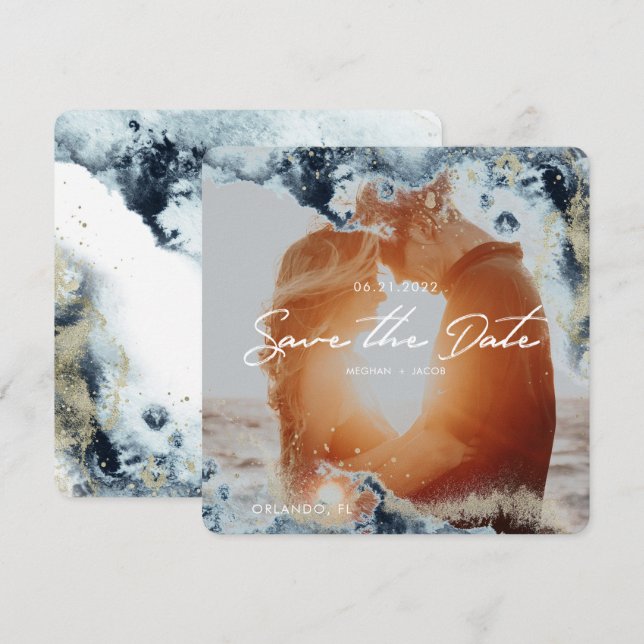 Watercolor Waves Photo Save the Date Card (Front/Back)