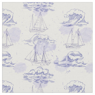 Watercolor Waves & Ships Pattern 2 Fabric