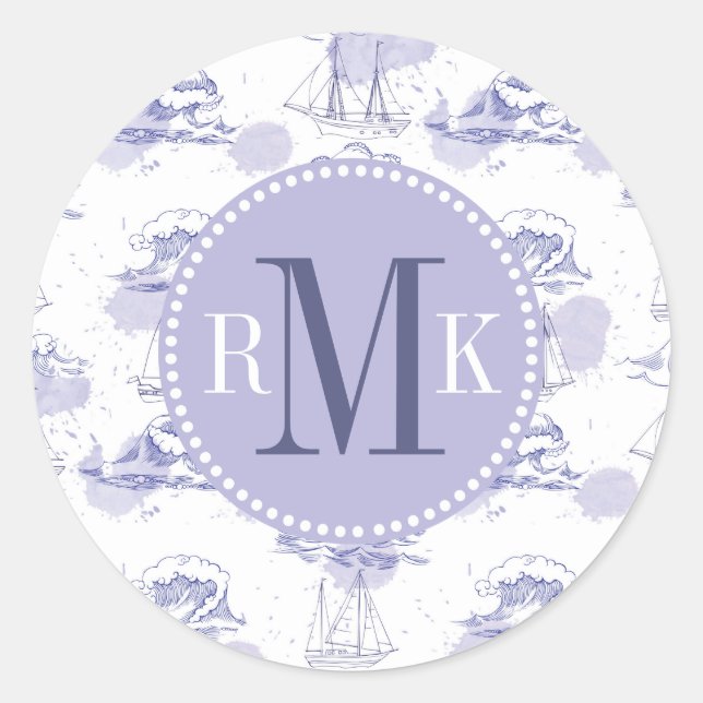 Watercolor Waves & Ships Pattern Classic Round Sticker (Front)