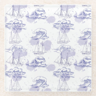 Watercolor Waves & Ships Pattern Glass Coaster
