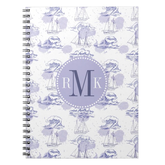 Watercolor Waves & Ships Pattern Spiral Notebook (Front)