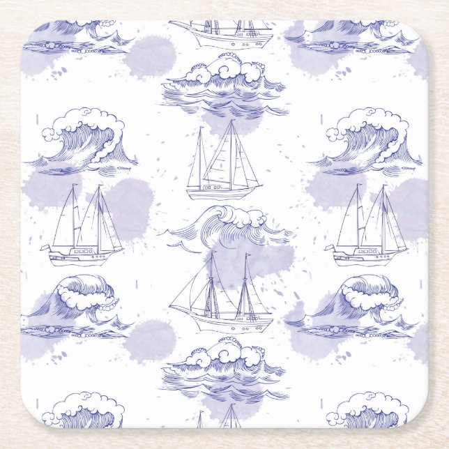 Watercolor Waves & Ships Pattern Square Paper Coaster (Front)