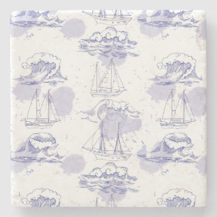 Watercolor Waves & Ships Pattern Stone Coaster