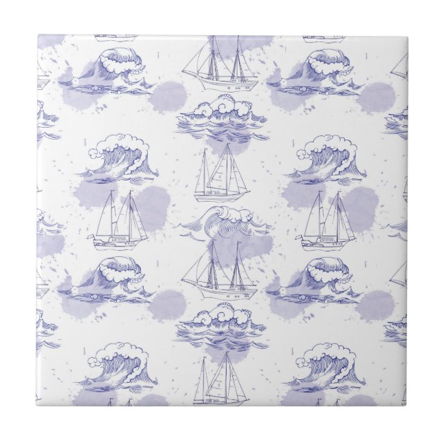 Watercolor Waves & Ships Pattern Tile (Front)