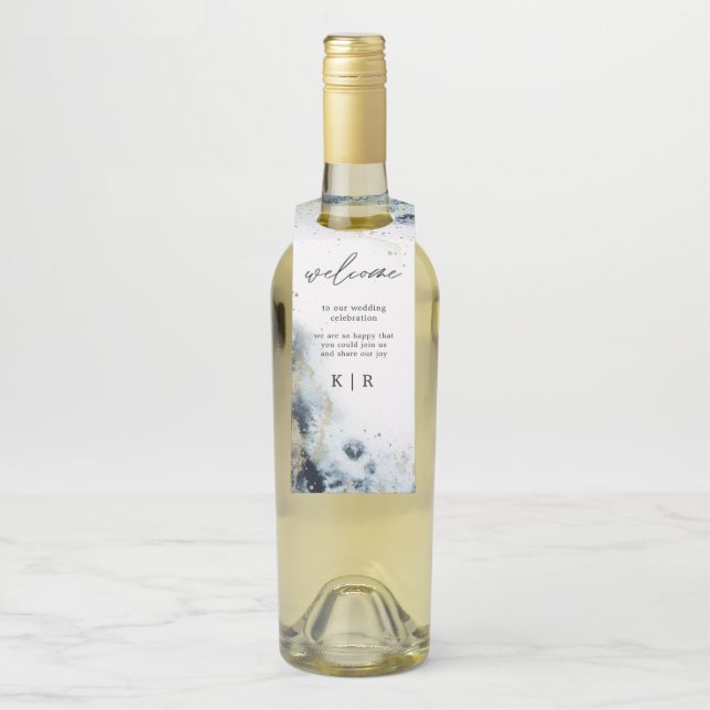 Watercolor Waves Wedding Bottle Hanger Tags (On Bottle)