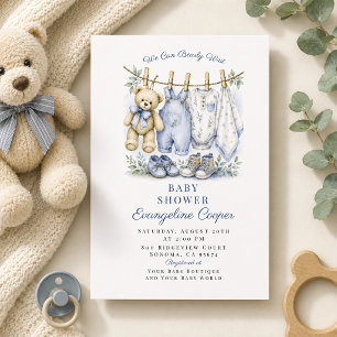 Watercolor We Can Bearly Wait Blue Baby Shower Invitation