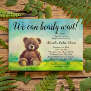 Watercolor We Can Bearly Wait Boy Baby Shower Invitation