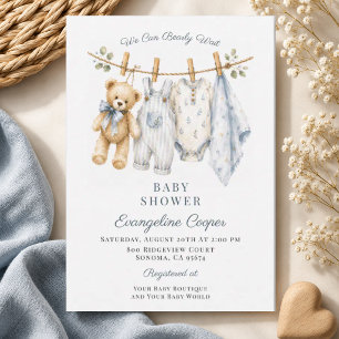 Watercolor We Can Bearly Wait Boy Blue Baby Shower Invitation