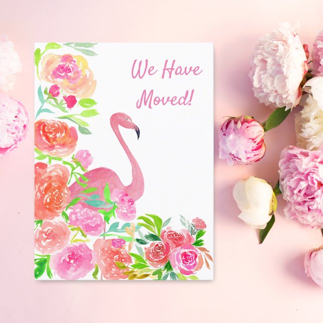 Watercolor We Have Moved Flamingo Address Announcement Postcard (Flamingo's Grace: Announcing Our New Nest in Watercolor Style!)