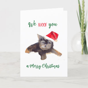 Watercolor We Woof you Merry Christmas Santa Dog  Holiday Card