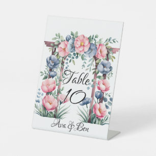 Watercolor Wedding Arch Pink and Blue Blooms Pedestal Sign